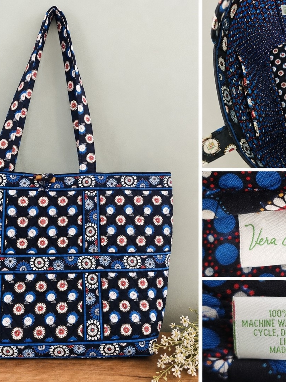 Vera Bradley Navy Floral Quilted Tote in Blue, White & Red